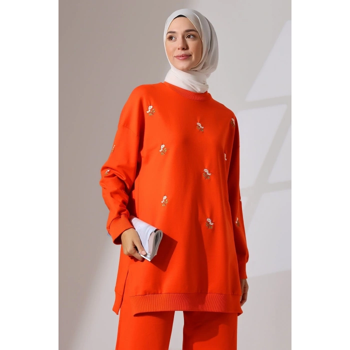 Kadın Turuncu Mevsimlik Penye Alt Üst Spor Ve Rahat Ikili Tunik Pantolon Şık Tesettür Takım