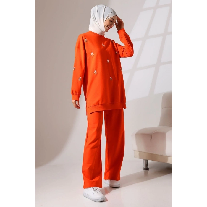 Kadın Turuncu Mevsimlik Penye Alt Üst Spor Ve Rahat Ikili Tunik Pantolon Şık Tesettür Takım