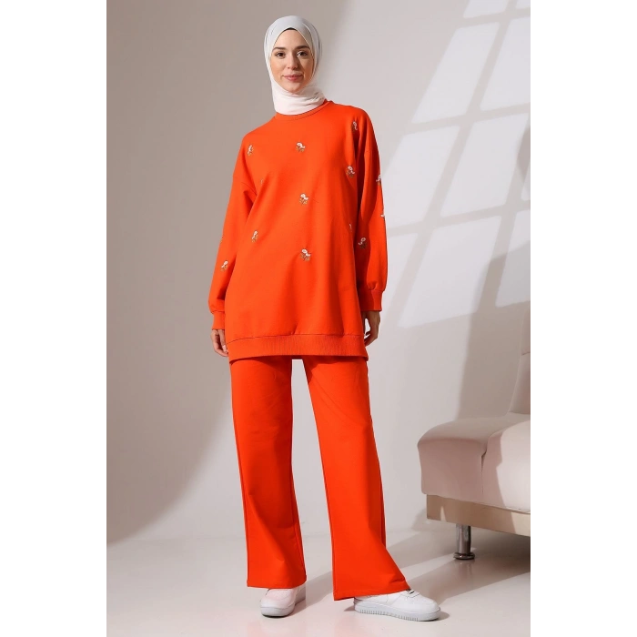 Kadın Turuncu Mevsimlik Penye Alt Üst Spor Ve Rahat Ikili Tunik Pantolon Şık Tesettür Takım