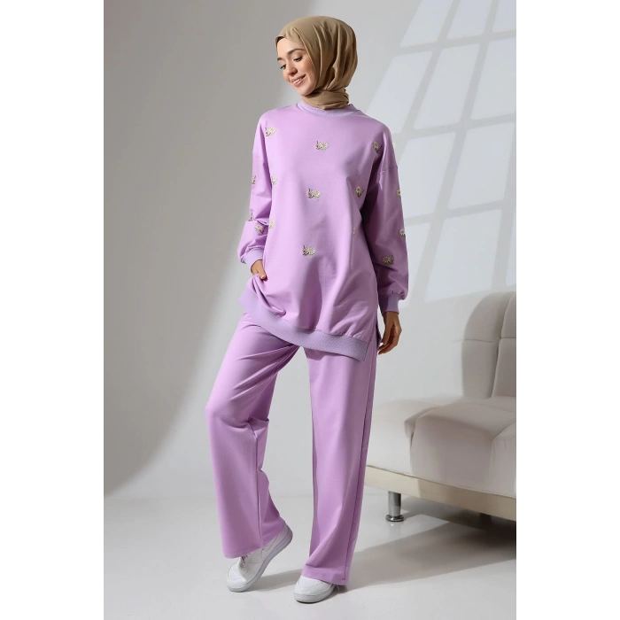 Kadın Lila Mevsimlik Penye Alt Üst Spor Ve Rahat Ikili Tunik Pantolon Şık Tesettür Takım