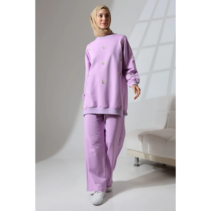Kadın Lila Mevsimlik Penye Alt Üst Spor Ve Rahat Ikili Tunik Pantolon Şık Tesettür Takım