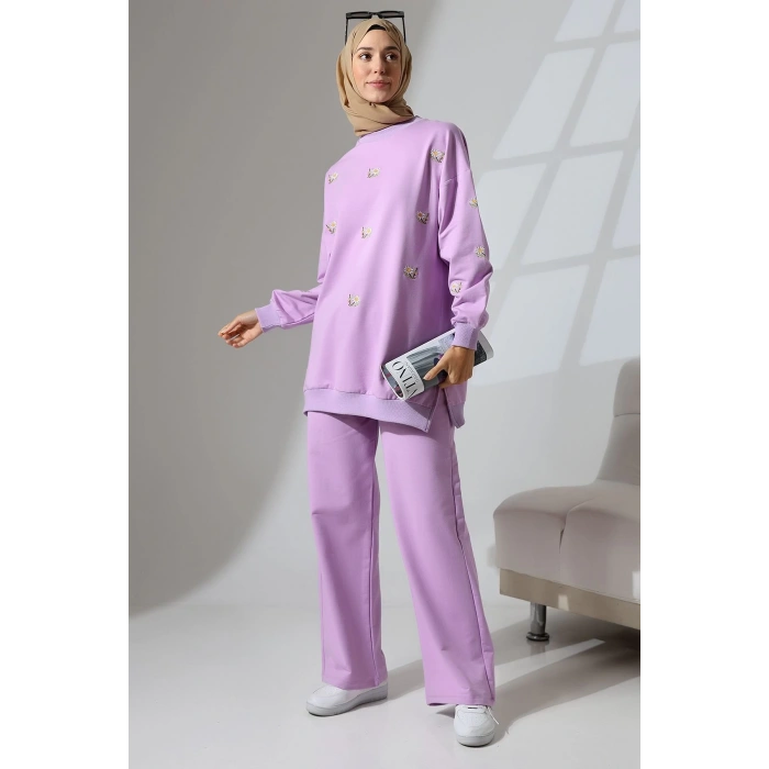 Kadın Lila Mevsimlik Penye Alt Üst Spor Ve Rahat Ikili Tunik Pantolon Şık Tesettür Takım