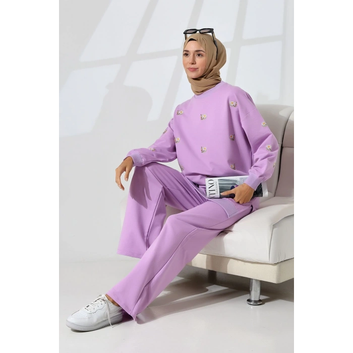 Kadın Lila Mevsimlik Penye Alt Üst Spor Ve Rahat Ikili Tunik Pantolon Şık Tesettür Takım