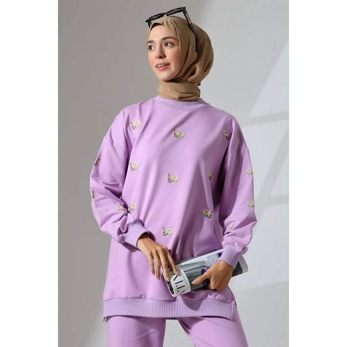 Kadın Lila Mevsimlik Penye Alt Üst Spor Ve Rahat Ikili Tunik Pantolon Şık Tesettür Takım