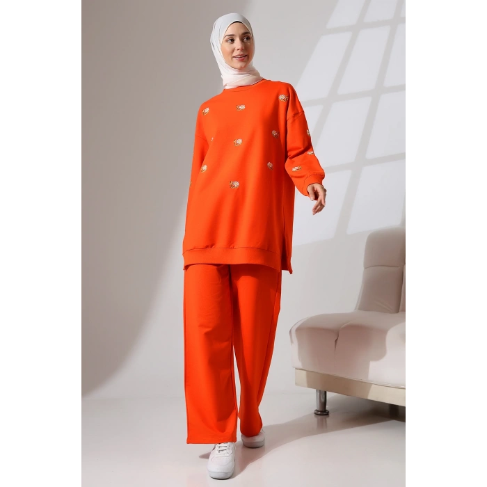 Kadın Turuncu Mevsimlik Penye Alt Üst Spor ve Rahat Tesettür Takım