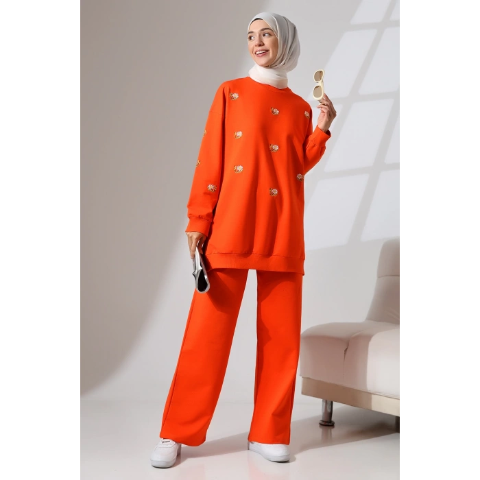 Kadın Turuncu Mevsimlik Penye Alt Üst Spor ve Rahat Tesettür Takım
