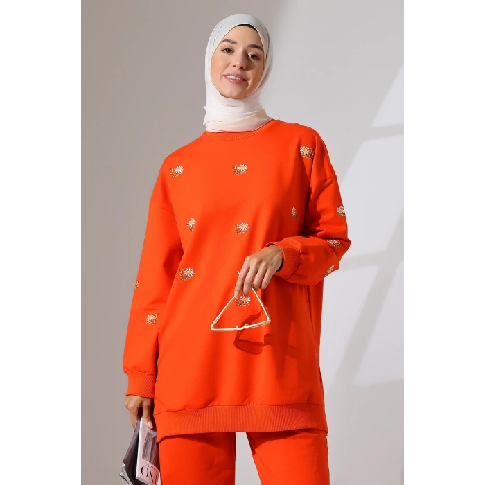 Kadın Turuncu Mevsimlik Penye Alt Üst Spor ve Rahat Tesettür Takım