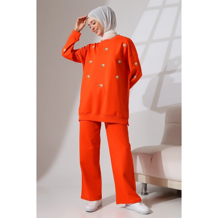 Kadın Turuncu Mevsimlik Penye Alt Üst Spor ve Rahat Tesettür Takım