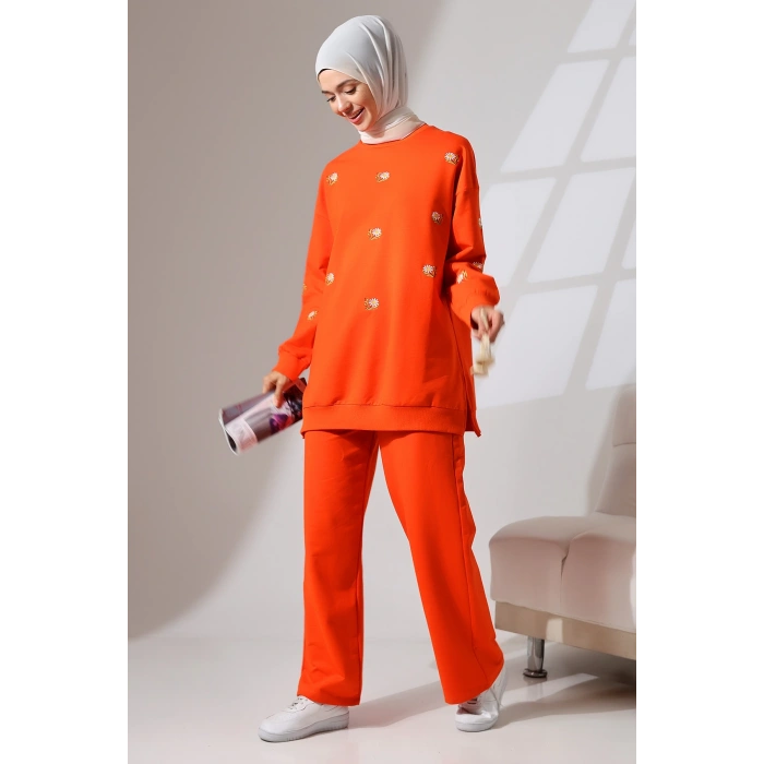 Kadın Turuncu Mevsimlik Penye Alt Üst Spor ve Rahat Tesettür Takım