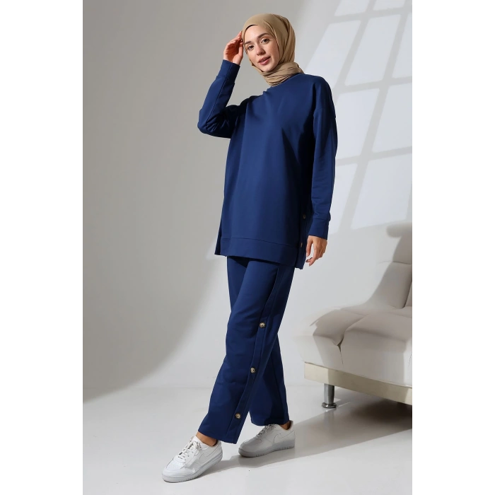 Kadın Lacivert Mevsimlik Penye Alt Üst Spor Ve Rahat Ikili Tunik Pantolon Şık Tesettür Takım