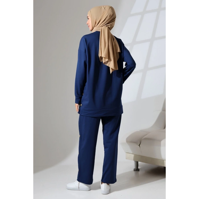 Kadın Lacivert Mevsimlik Penye Alt Üst Spor Ve Rahat Ikili Tunik Pantolon Şık Tesettür Takım