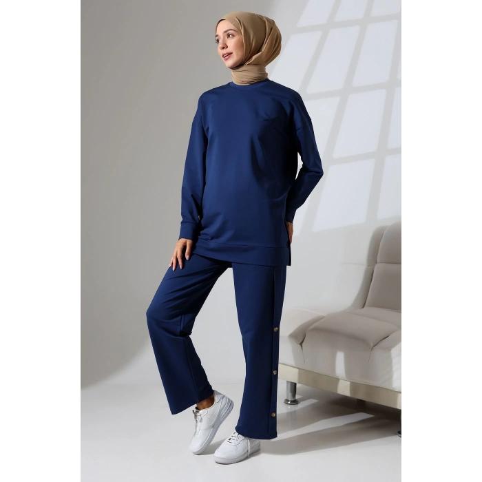 Kadın Lacivert Mevsimlik Penye Alt Üst Spor Ve Rahat Ikili Tunik Pantolon Şık Tesettür Takım