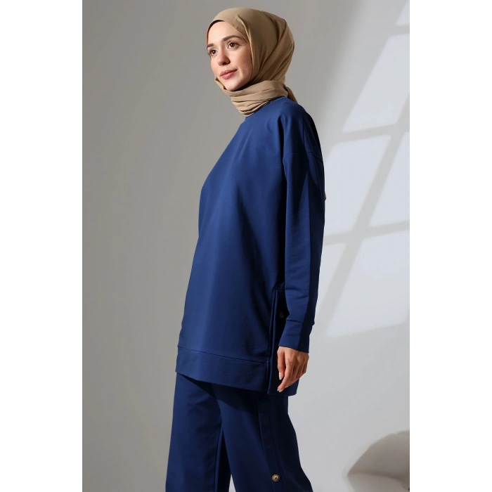 Kadın Lacivert Mevsimlik Penye Alt Üst Spor Ve Rahat Ikili Tunik Pantolon Şık Tesettür Takım