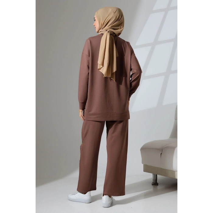 Kadın Kahverengi Mevsimlik Penye Alt Üst Spor Ve Rahat Ikili Tunik Pantolon Şık Tesettür Takım