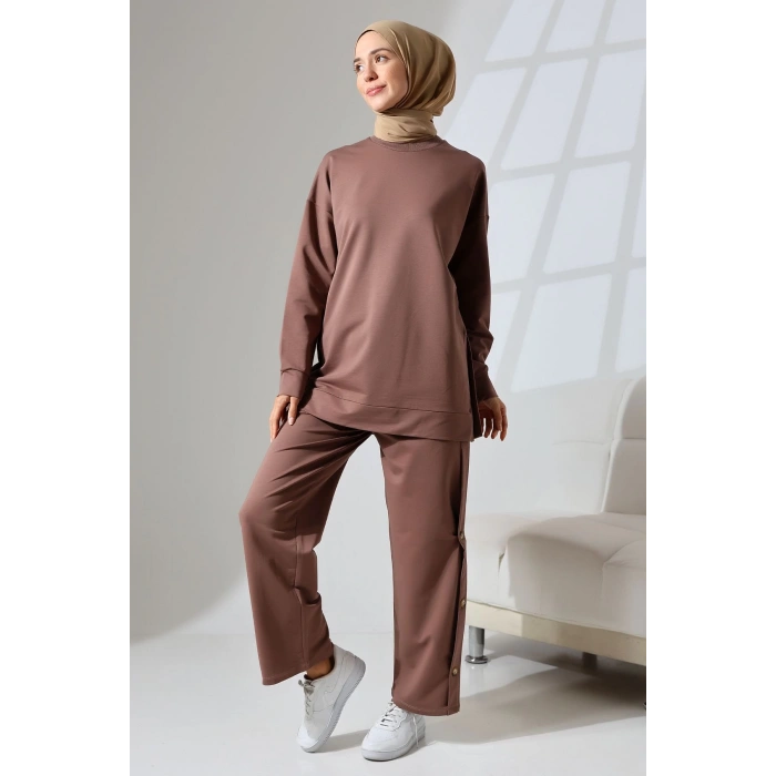 Kadın Kahverengi Mevsimlik Penye Alt Üst Spor Ve Rahat Ikili Tunik Pantolon Şık Tesettür Takım