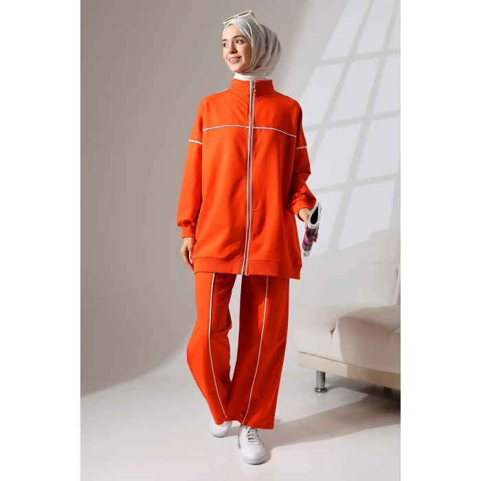 Kadın Turuncu Mevsimlik Penye Alt Üst Spor ve Rahat Tesettür Takım