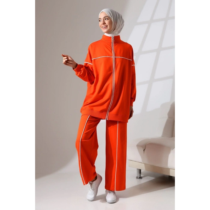 Kadın Turuncu Mevsimlik Penye Alt Üst Spor ve Rahat Tesettür Takım