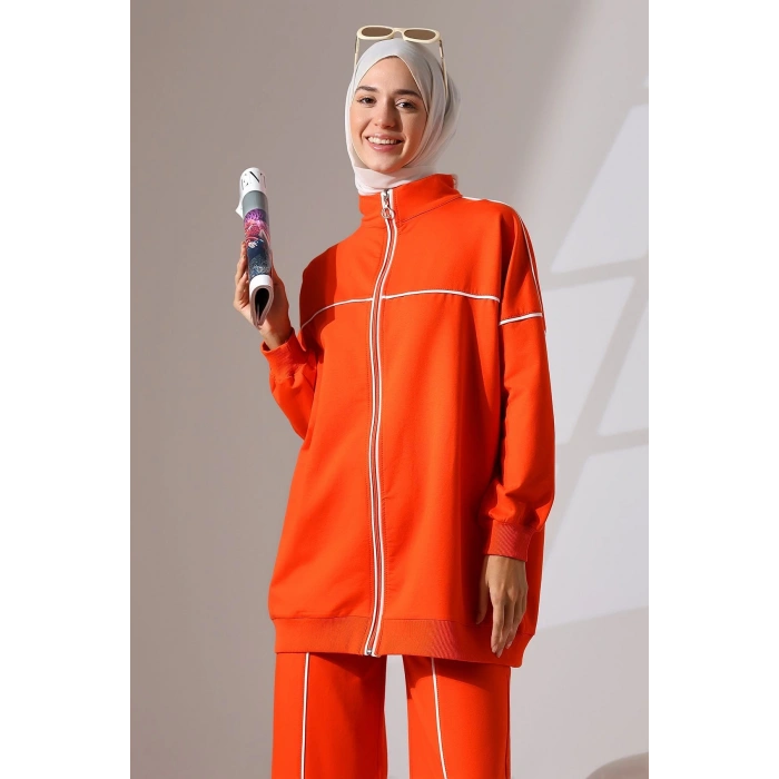 Kadın Turuncu Mevsimlik Penye Alt Üst Spor ve Rahat Tesettür Takım