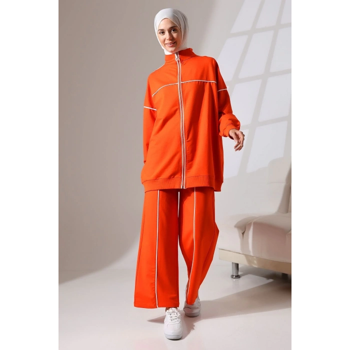 Kadın Turuncu Mevsimlik Penye Alt Üst Spor ve Rahat Tesettür Takım
