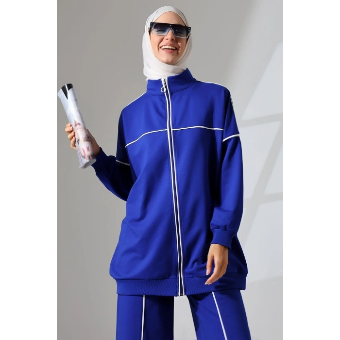 Kadın Saks Mavisi Mevsimlik Penye Alt Üst Spor ve Rahat Tesettür Takım