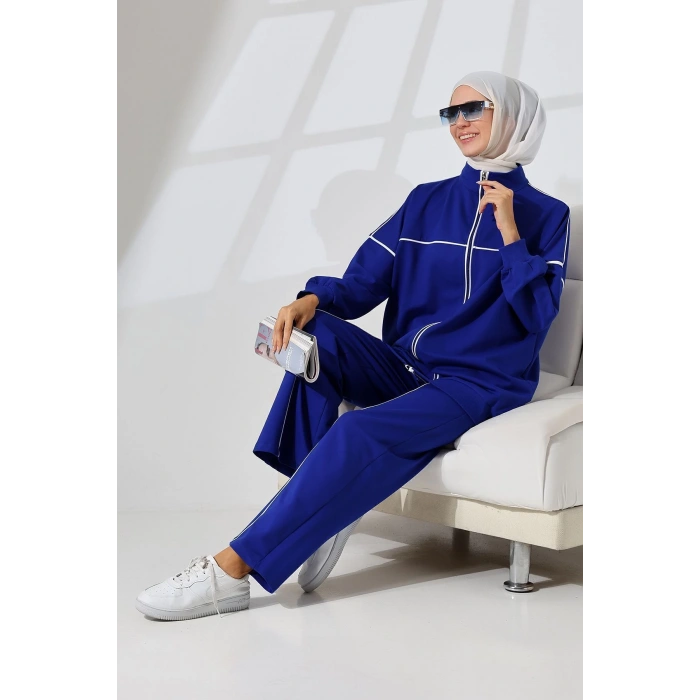 Kadın Saks Mavisi Mevsimlik Penye Alt Üst Spor ve Rahat Tesettür Takım