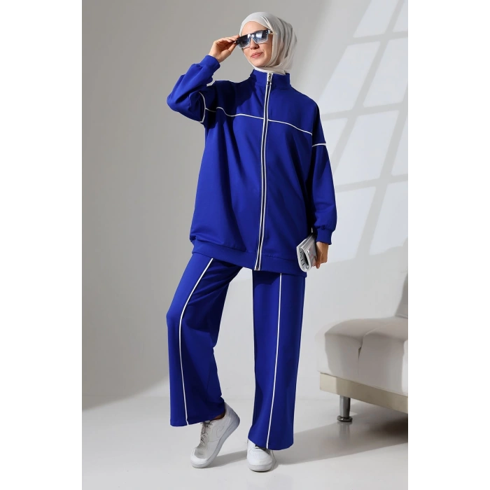 Kadın Saks Mavisi Mevsimlik Penye Alt Üst Spor ve Rahat Tesettür Takım