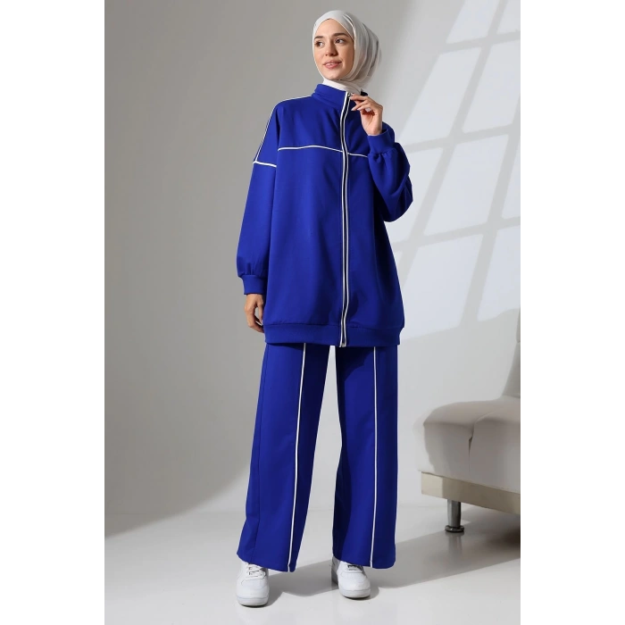 Kadın Saks Mavisi Mevsimlik Penye Alt Üst Spor ve Rahat Tesettür Takım