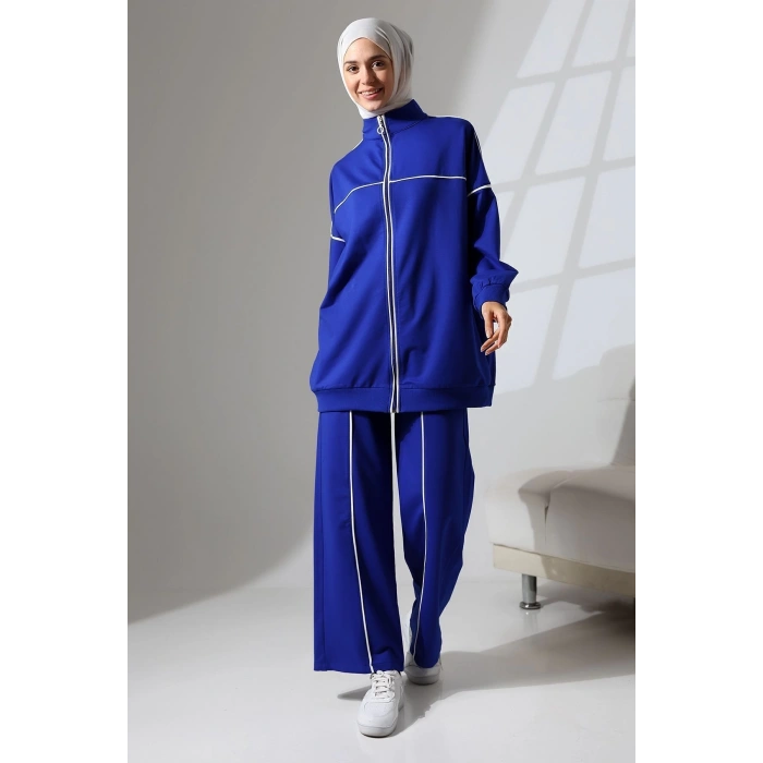 Kadın Saks Mavisi Mevsimlik Penye Alt Üst Spor ve Rahat Tesettür Takım