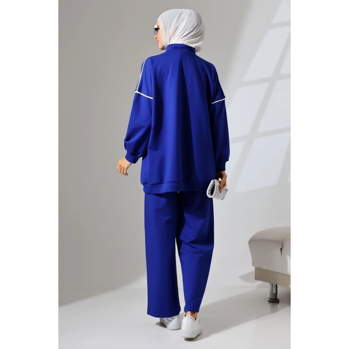 Kadın Saks Mavisi Mevsimlik Penye Alt Üst Spor ve Rahat Tesettür Takım
