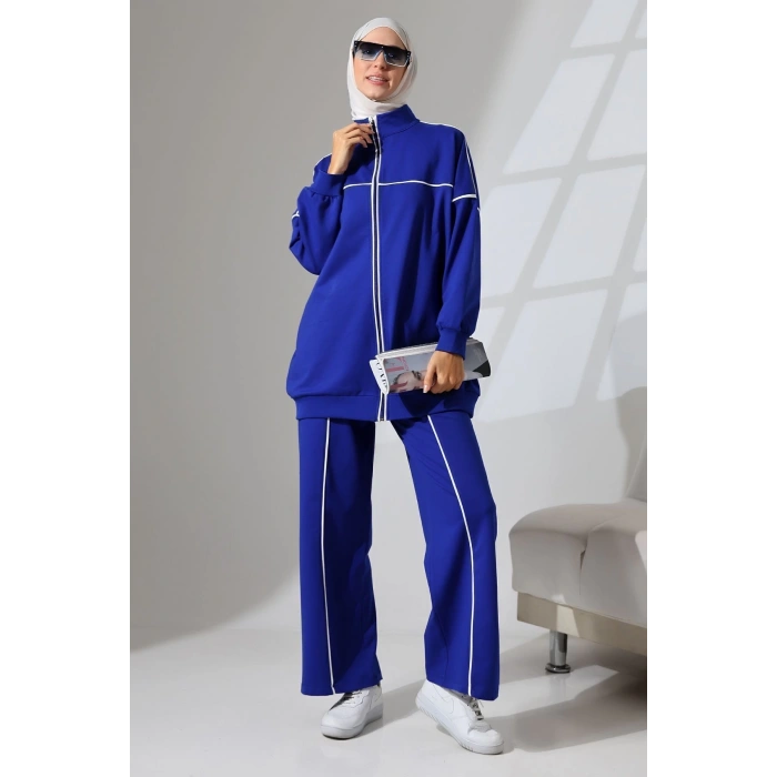 Kadın Saks Mavisi Mevsimlik Penye Alt Üst Spor ve Rahat Tesettür Takım