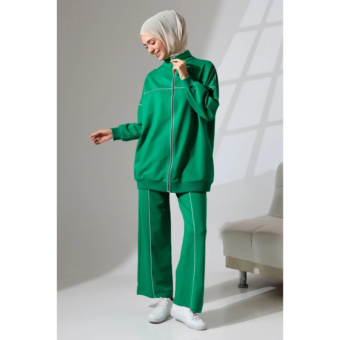 Kadın Benetton Yeşili Mevsimlik Penye Alt Üst Spor Ve Rahat Ikili Tunik Pantolon Şık Tesettür Takım