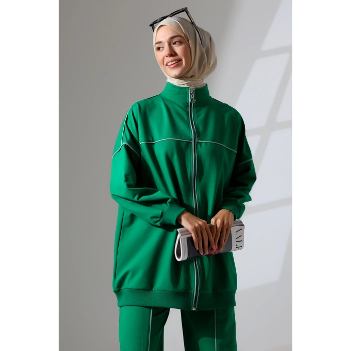 Kadın Benetton Yeşili Mevsimlik Penye Alt Üst Spor Ve Rahat Ikili Tunik Pantolon Şık Tesettür Takım