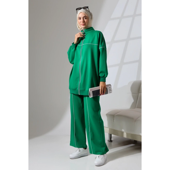 Kadın Benetton Yeşili Mevsimlik Penye Alt Üst Spor Ve Rahat Ikili Tunik Pantolon Şık Tesettür Takım