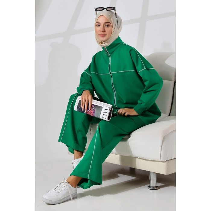 Kadın Benetton Yeşili Mevsimlik Penye Alt Üst Spor Ve Rahat Ikili Tunik Pantolon Şık Tesettür Takım
