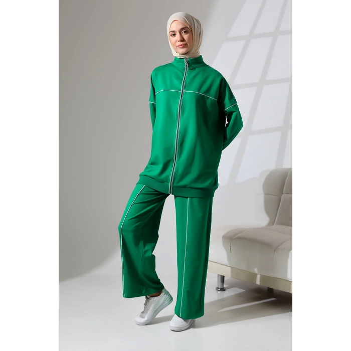 Kadın Benetton Yeşili Mevsimlik Penye Alt Üst Spor Ve Rahat Ikili Tunik Pantolon Şık Tesettür Takım