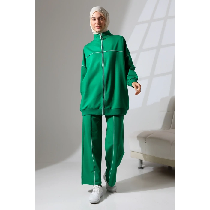 Kadın Benetton Yeşili Mevsimlik Penye Alt Üst Spor Ve Rahat Ikili Tunik Pantolon Şık Tesettür Takım