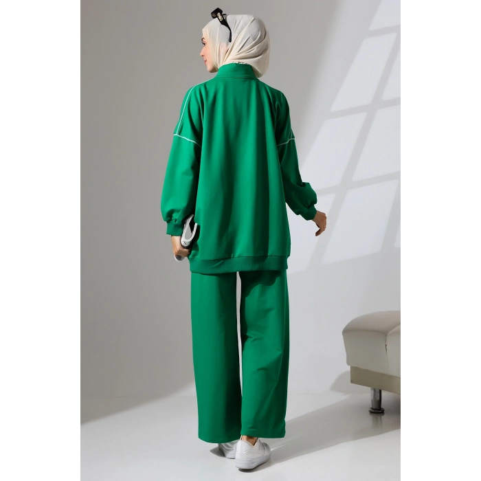 Kadın Benetton Yeşili Mevsimlik Penye Alt Üst Spor Ve Rahat Ikili Tunik Pantolon Şık Tesettür Takım
