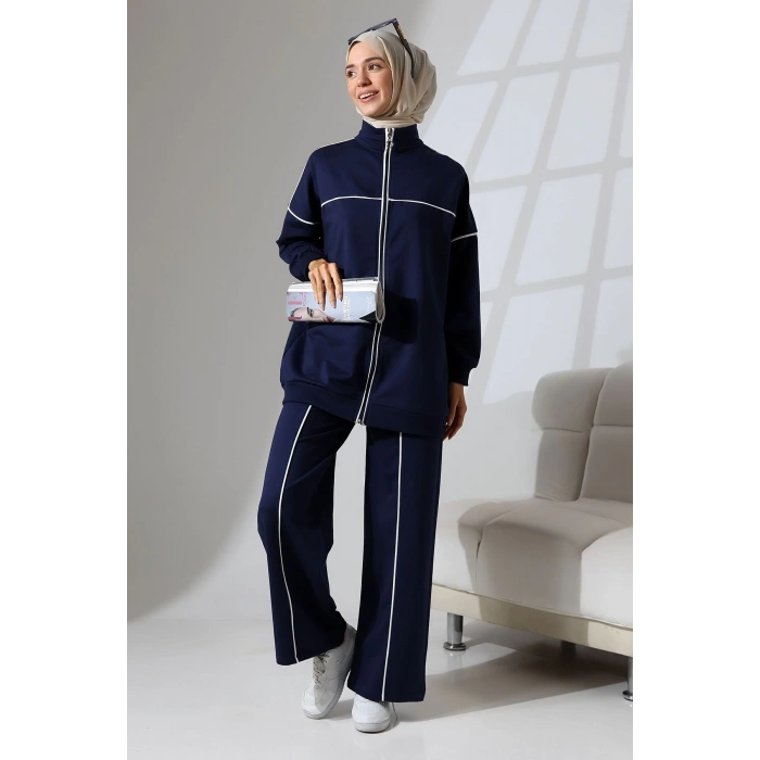 Kadın Lacivert Mevsimlik Penye Alt Üst Spor Ve Rahat Ikili Tunik Pantolon Şık Tesettür Takım