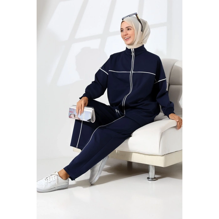Kadın Lacivert Mevsimlik Penye Alt Üst Spor Ve Rahat Ikili Tunik Pantolon Şık Tesettür Takım