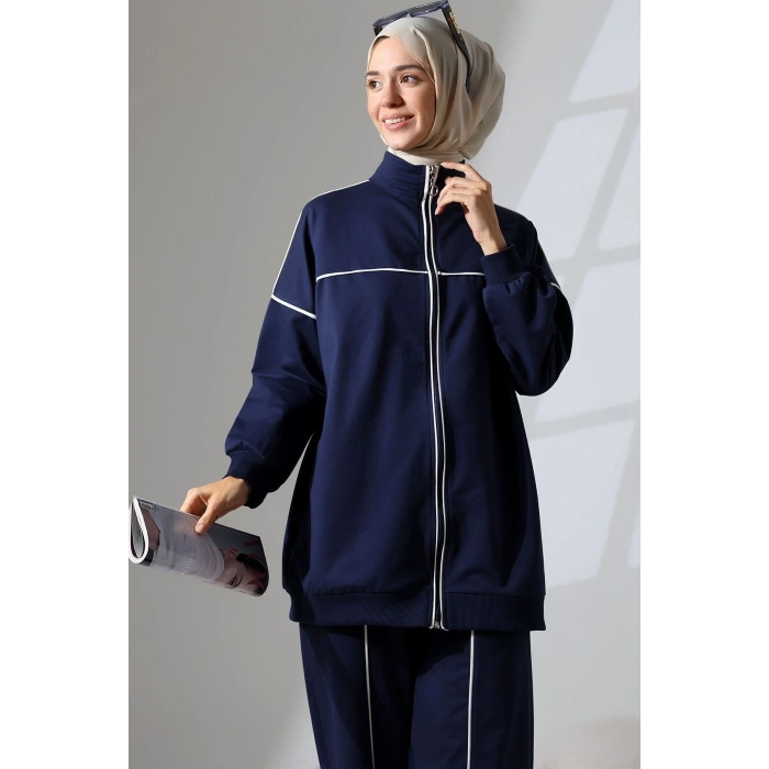 Kadın Lacivert Mevsimlik Penye Alt Üst Spor Ve Rahat Ikili Tunik Pantolon Şık Tesettür Takım