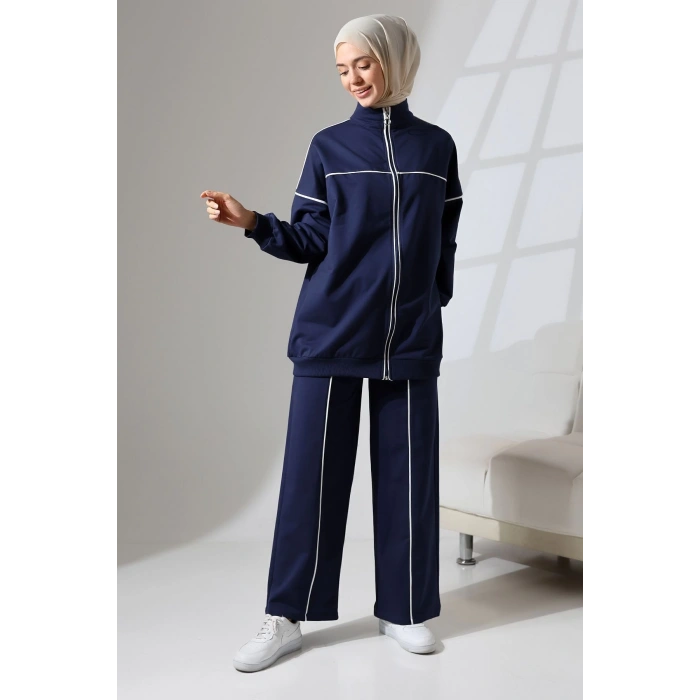 Kadın Lacivert Mevsimlik Penye Alt Üst Spor Ve Rahat Ikili Tunik Pantolon Şık Tesettür Takım