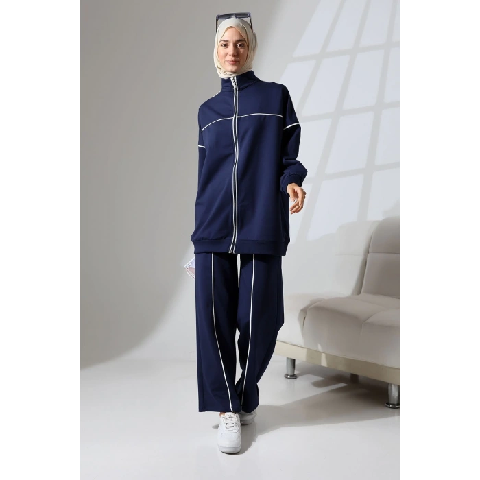 Kadın Lacivert Mevsimlik Penye Alt Üst Spor Ve Rahat Ikili Tunik Pantolon Şık Tesettür Takım