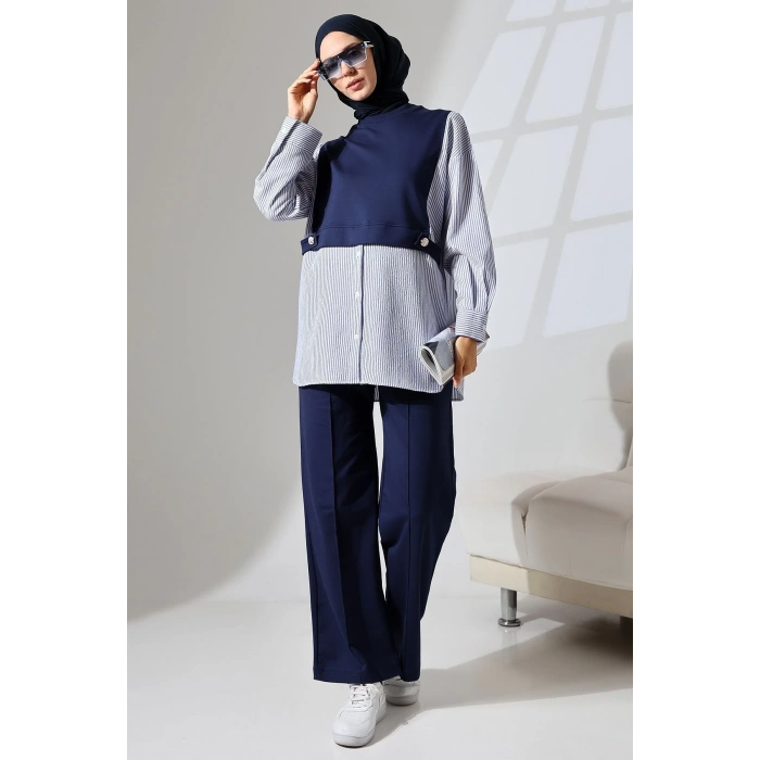 Kadın Lacivert Mevsimlik Penye Alt Üst Spor Ve Rahat Ikili Tunik Pantolon Şık Tesettür Takım