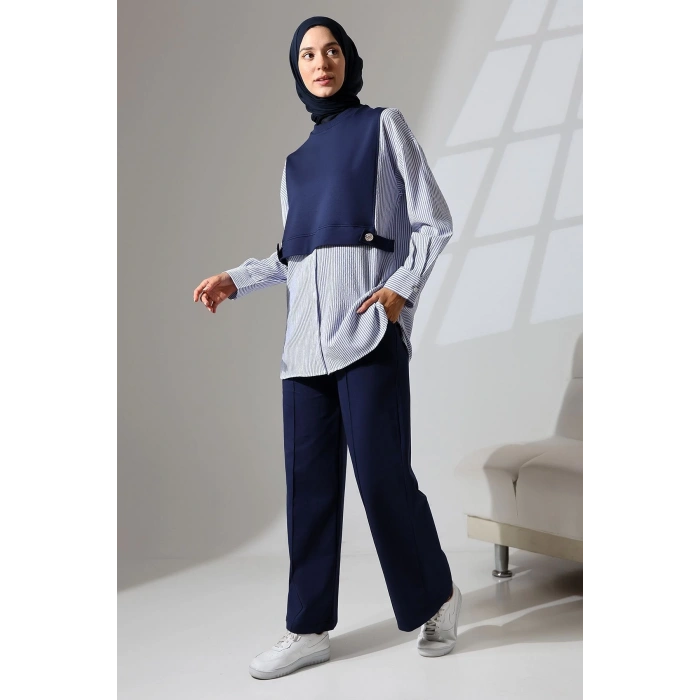 Kadın Lacivert Mevsimlik Penye Alt Üst Spor Ve Rahat Ikili Tunik Pantolon Şık Tesettür Takım