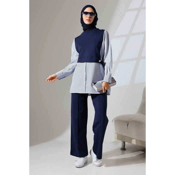Kadın Lacivert Mevsimlik Penye Alt Üst Spor Ve Rahat Ikili Tunik Pantolon Şık Tesettür Takım