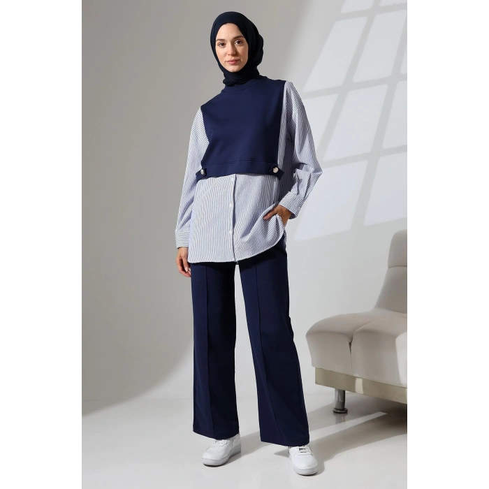 Kadın Lacivert Mevsimlik Penye Alt Üst Spor Ve Rahat Ikili Tunik Pantolon Şık Tesettür Takım