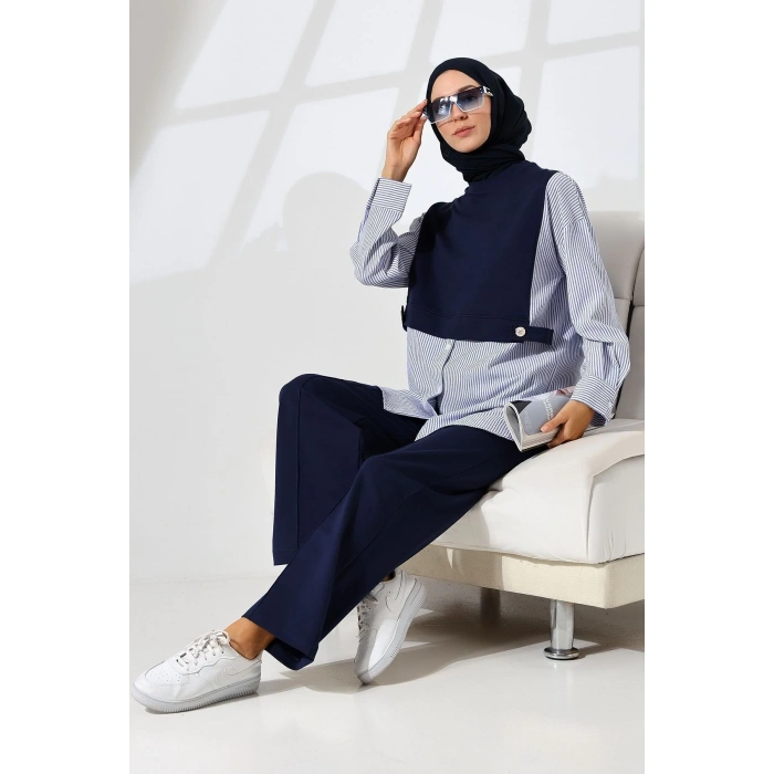 Kadın Lacivert Mevsimlik Penye Alt Üst Spor Ve Rahat Ikili Tunik Pantolon Şık Tesettür Takım