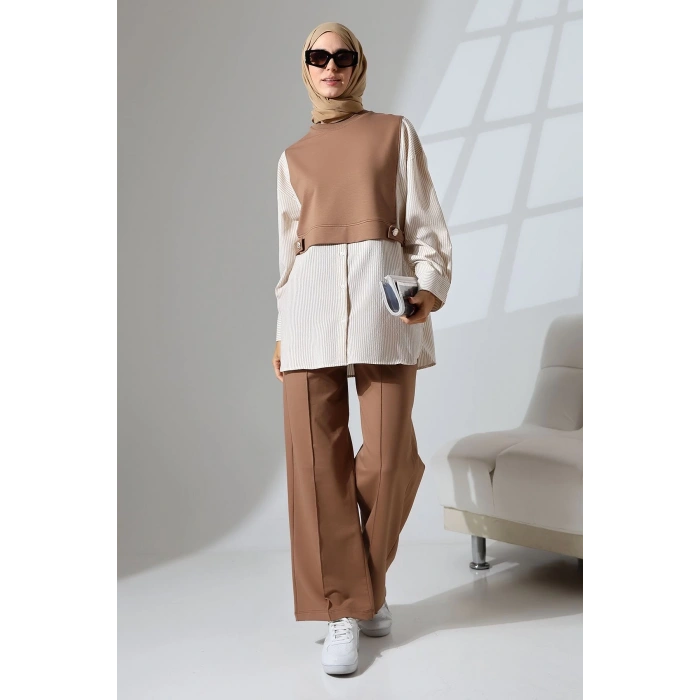 Kadın Kahverengi Mevsimlik Penye Alt Üst Spor Ve Rahat Ikili Tunik Pantolon Şık Tesettür Takım