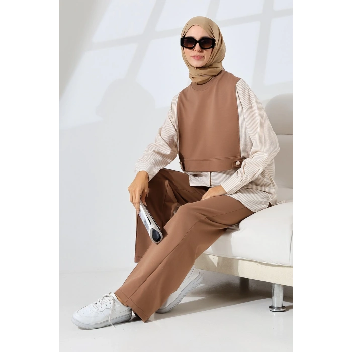 Kadın Kahverengi Mevsimlik Penye Alt Üst Spor Ve Rahat Ikili Tunik Pantolon Şık Tesettür Takım