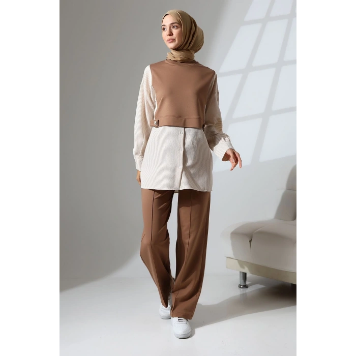 Kadın Kahverengi Mevsimlik Penye Alt Üst Spor Ve Rahat Ikili Tunik Pantolon Şık Tesettür Takım